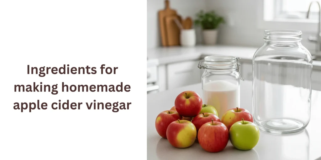 Ingredients for making homemade apple cider vinegar – organic apples, sugar, and a glass jar.