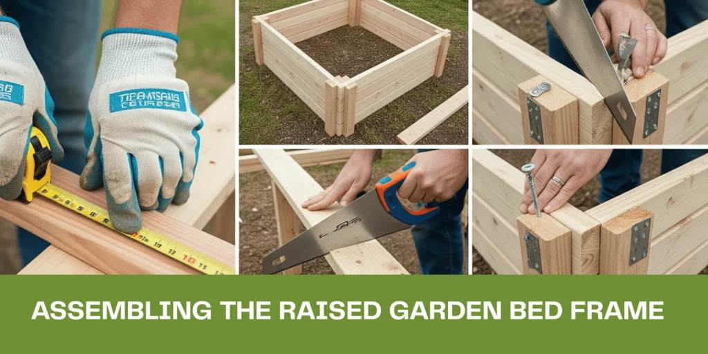 Assembling the raised garden bed frame with screws and power drill.