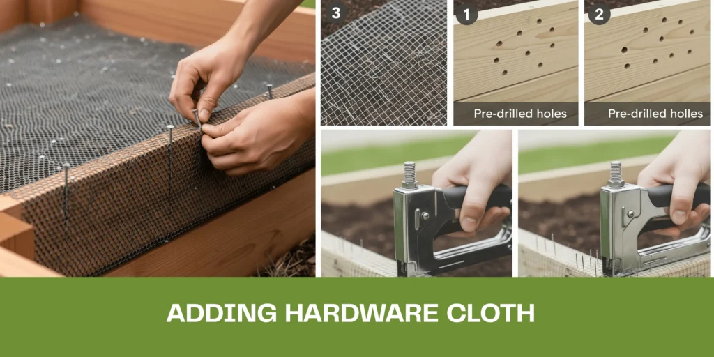 Attaching hardware cloth to the bottom of the raised bed to prevent pests.
