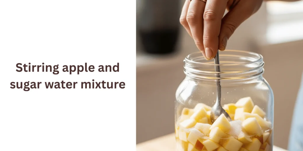 Stirring apple and sugar water mixture to start the fermentation process for apple cider vinegar.