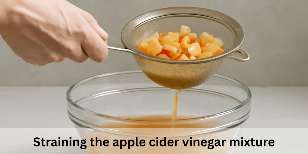 Straining the apple cider vinegar mixture to separate the solids from the liquid.