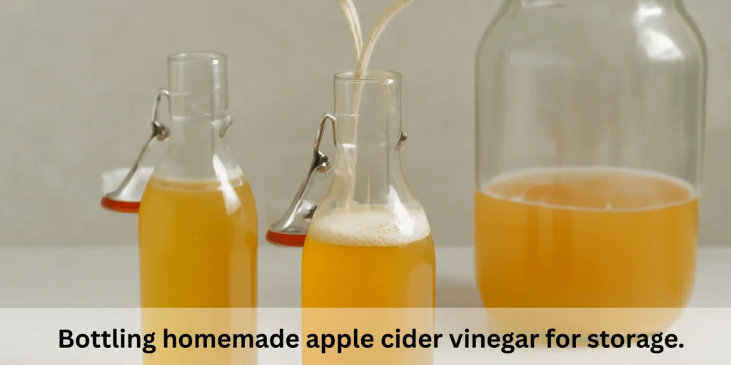 Bottling homemade apple cider vinegar for storage.