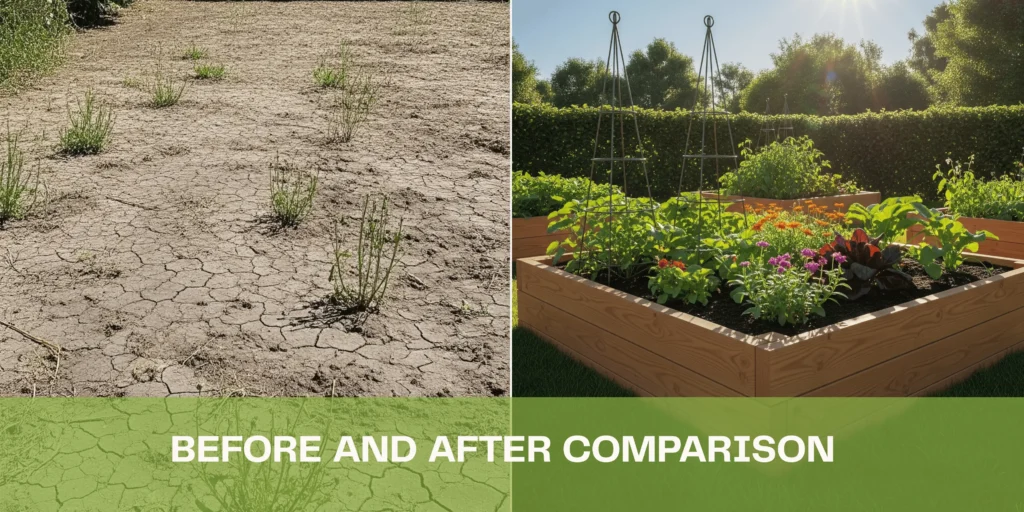 Before and after of the garden space: empty on the left, raised bed on the right.