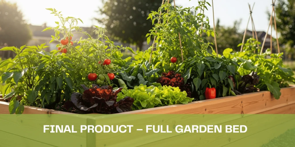 Completed raised garden bed filled with healthy vegetable plants.