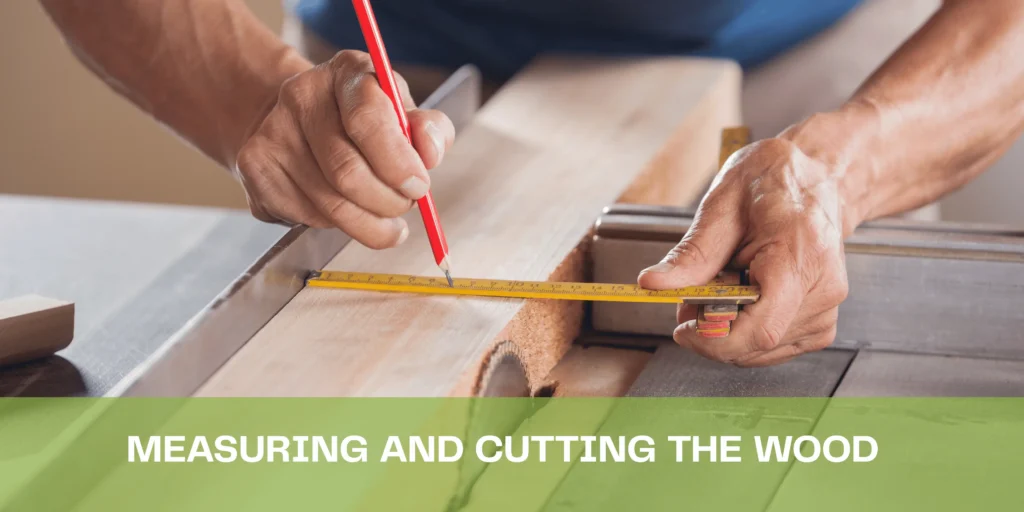 Measuring and cutting wood for raised garden bed using a measuring tape and saw.
