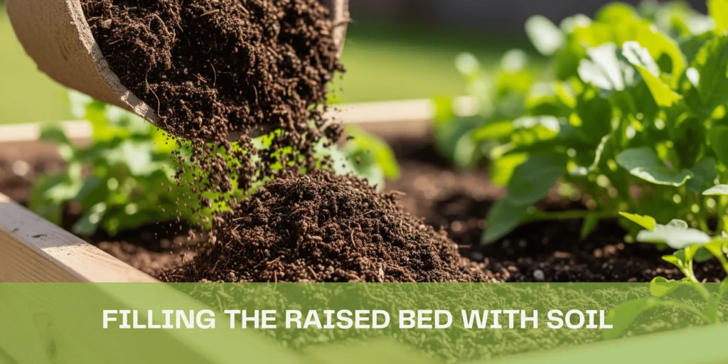 Filling the raised garden bed with a mix of garden soil and compost.