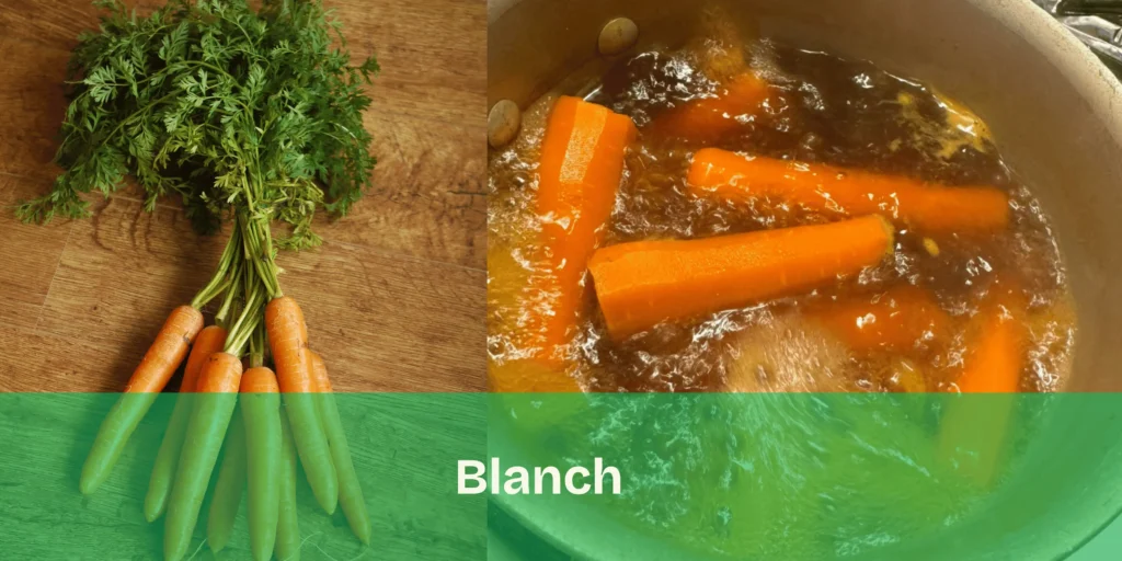 Blanching carrots in boiling water to preserve color, flavor, and texture before freezing