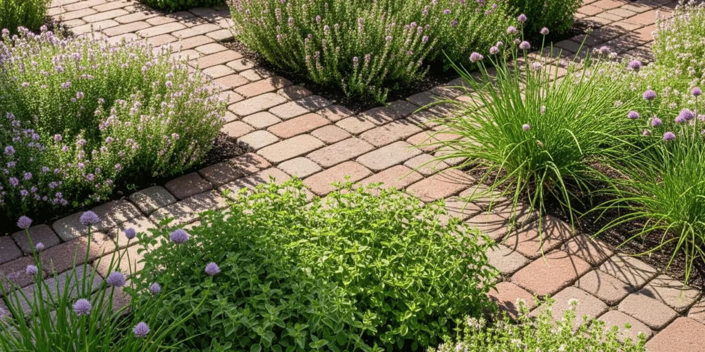 Creeping thyme and oregano used as living ground cover in garden paths