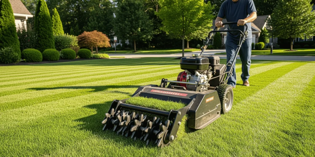 Close-up of a sod cutter machine removing grass in a lawn