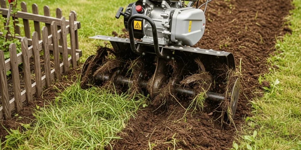 Rototiller breaking up soil with grass in a garden