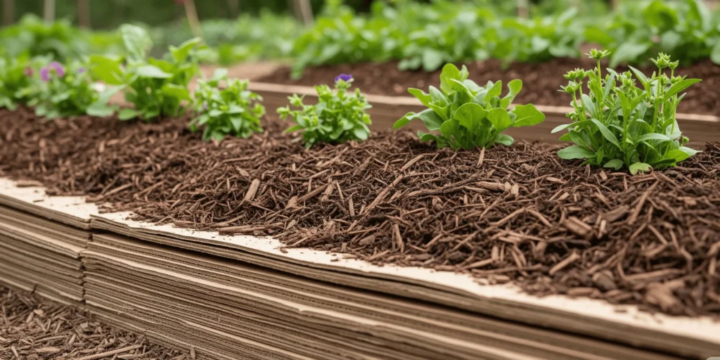 Garden area covered with cardboard and mulch to kill grass