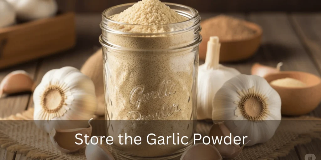 Storing homemade garlic powder in an airtight mason jar.